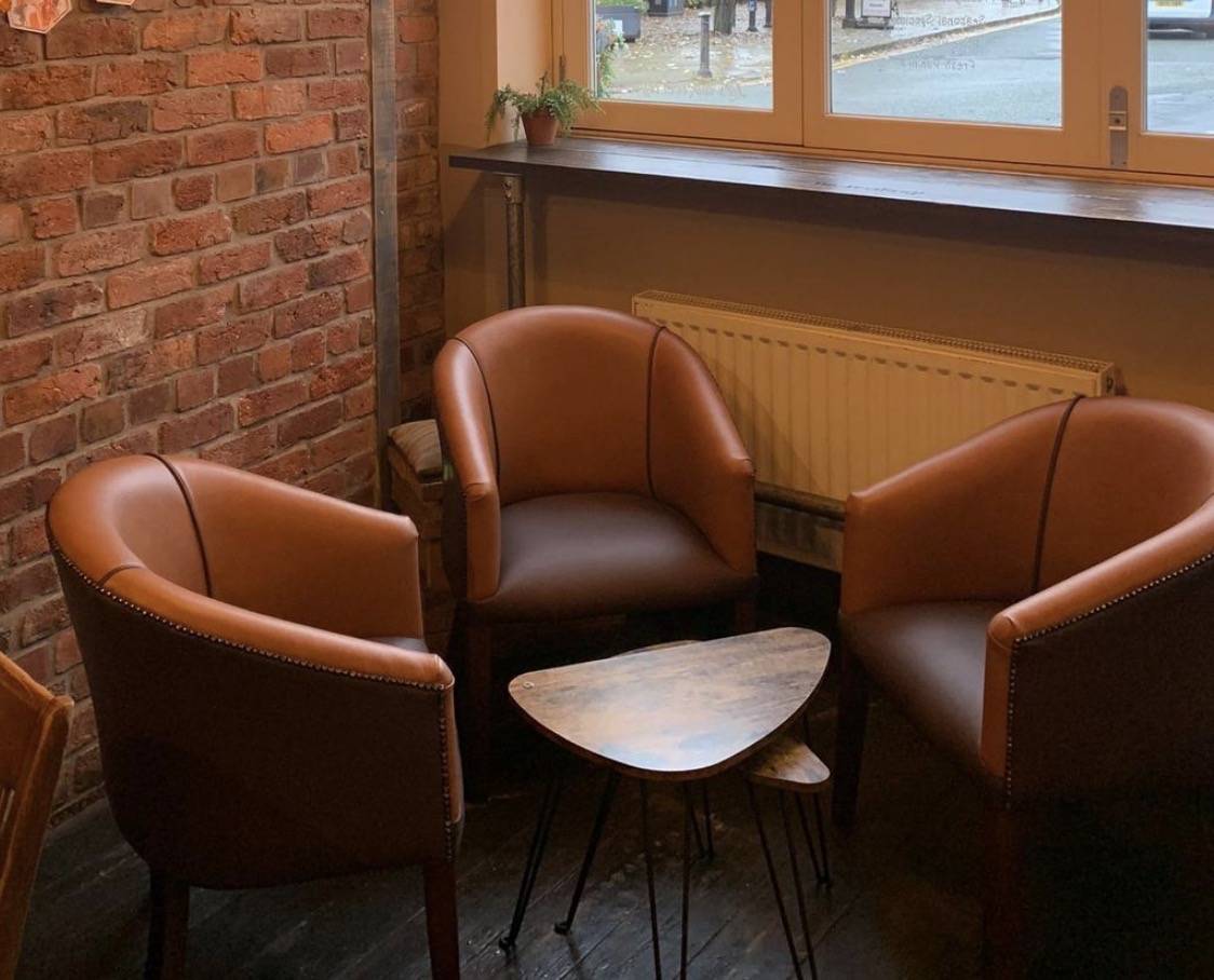 Leather tub chairs upholstered for DRINC Coffee Bar, Ramsbottom